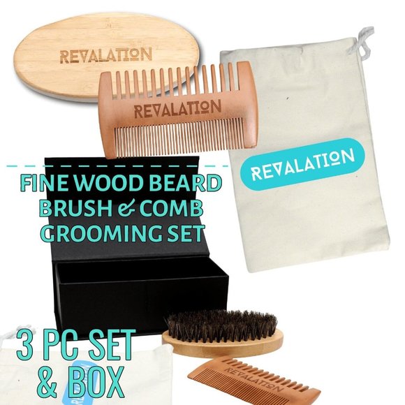 REVALATION Beard Grooming Growth Kit MENS GIFT SET Brush & Comb Wood Box - Picture 1 of 8